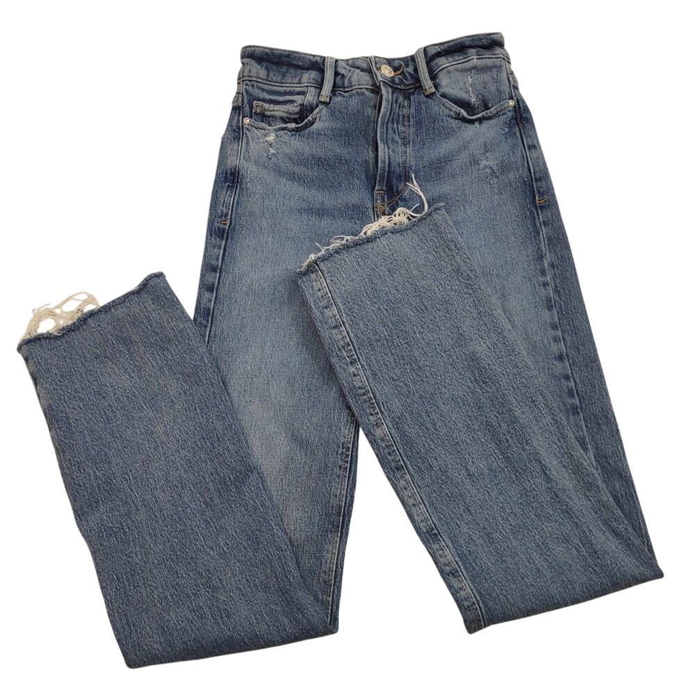 Zara Distressed Button Fly Straight Leg, Raw Hem, Size 0